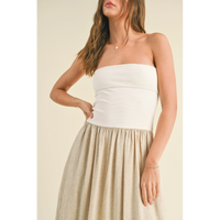 Miou Muse - Linen with Ribbed Knitted Top Combo Dress - White/Oatmeal