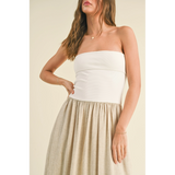 Miou Muse - Linen with Ribbed Knitted Top Combo Dress - White/Oatmeal