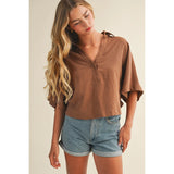 Mustard Seed - Textured Drape Sleeve Collared Blouse - Rattan
