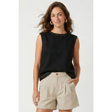 Naked Zebra - Round Neck Garment Wash Sleeveless Top - Black