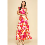 Pinch - Leaf Print Button Down Tiered Dress - Red