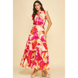 Pinch - Leaf Print Button Down Tiered Dress - Red