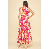 Pinch - Leaf Print Button Down Tiered Dress - Red