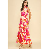 Pinch - Leaf Print Button Down Tiered Dress - Red