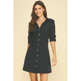 Pinch - Ruched Front Button Down Mini Dress - Deep Navy