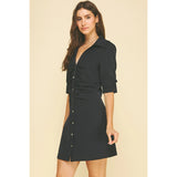 Pinch - Ruched Front Button Down Mini Dress - Deep Navy