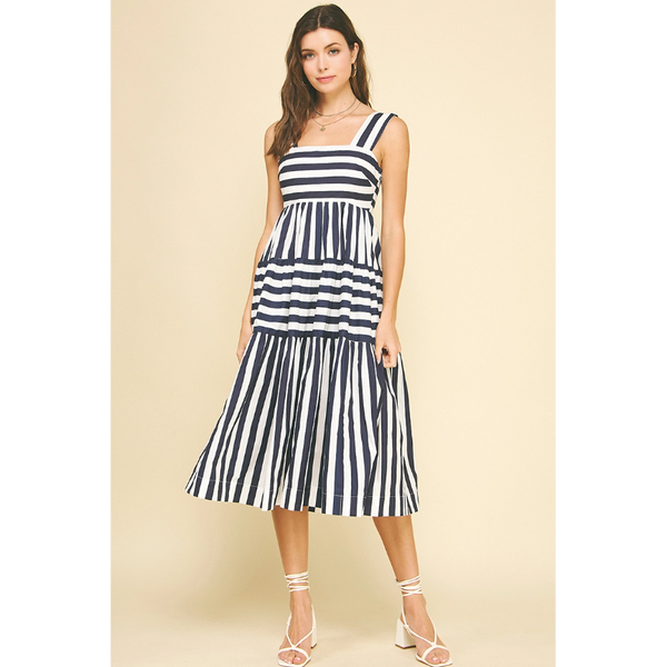 Pinch - Contrast Stripe Tiered Midi Dress - Navy