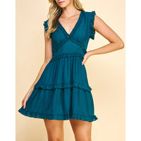Pinch - V Neck Ruffle Mni Dress - Teal