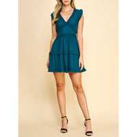 Pinch - V Neck Ruffle Mni Dress - Teal