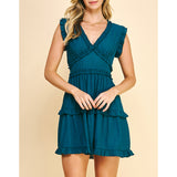 Pinch - V Neck Ruffle Mni Dress - Teal