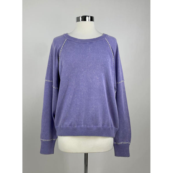 By Together -Round Neck Long Sleeve Stitch Detail Sweater - Dark Lavender