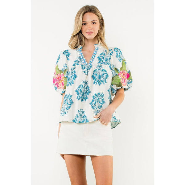 THML - Embroidered Puff Sleeve Floral Top - Blue