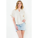 THML - Embroidered Yoke Flutter Sleeve Top - Cream