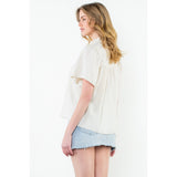 THML - Embroidered Yoke Flutter Sleeve Top - Cream