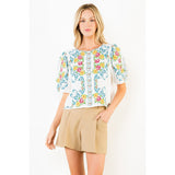 THML - Floral Embroidered Top with Scallop Neckline - Cream