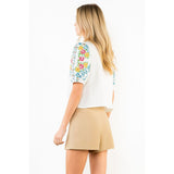 THML - Floral Embroidered Top with Scallop Neckline - Cream