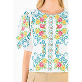 THML - Floral Embroidered Top with Scallop Neckline - Cream