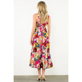THML - Floral Tiered Midi Dress - Fuschia