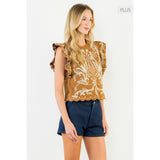 THML - Flutter Sleeve Suede Embroidery Detail Top - Brown