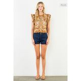 THML - Flutter Sleeve Suede Embroidery Detail Top - Brown