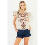 THML - Flutter Embroidered Suede Top - Cream