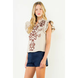 THML - Flutter Embroidered Suede Top - Cream