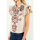 THML - Flutter Embroidered Suede Top - Cream