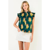 THML - Flutter Sleeve Floral Detail Top - Green