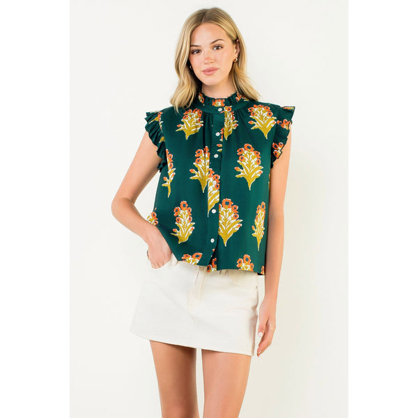 THML - Flutter Sleeve Floral Detail Top - Green