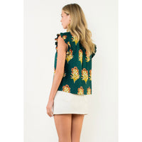 THML - Flutter Sleeve Floral Detail Top - Green