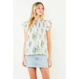 THML - Flutter Sleeve Floral Pattern Top - Cream