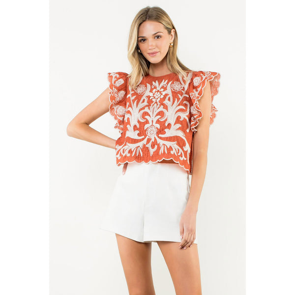 THML - Flutter Sleeve Textured Top - Rust