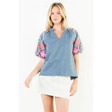 THML - Puff Sleeve Embroidery Detail Textured Top - Dark Blue