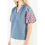 THML - Puff Sleeve Embroidery Detail Textured Top - Dark Blue