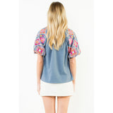 THML - Puff Sleeve Embroidery Detail Textured Top - Dark Blue