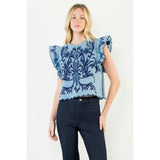THML - Ruffled Sleeve Embroidery Top - Blue