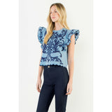 THML - Ruffled Sleeve Embroidery Top - Blue