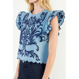 THML - Ruffled Sleeve Embroidery Top - Blue