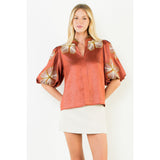 THML - Shiny High Neck Floral Embroidery Top - Rust