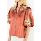 THML - Shiny High Neck Floral Embroidery Top - Rust