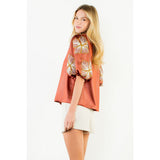 THML - Shiny High Neck Floral Embroidery Top - Rust