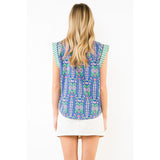 THML - Short Sleeve Floral Pattern V-Neck - Blue