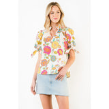 THML - Futter Sleeve Floral Pattern V-Neck Top - Cream