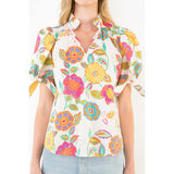 THML - Futter Sleeve Floral Pattern V-Neck Top - Cream