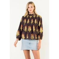 THML - Long Sleeve Floral Detail Top - Chocolate