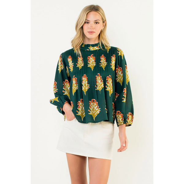 THML - Long Sleeve Floral Detail Top - Green