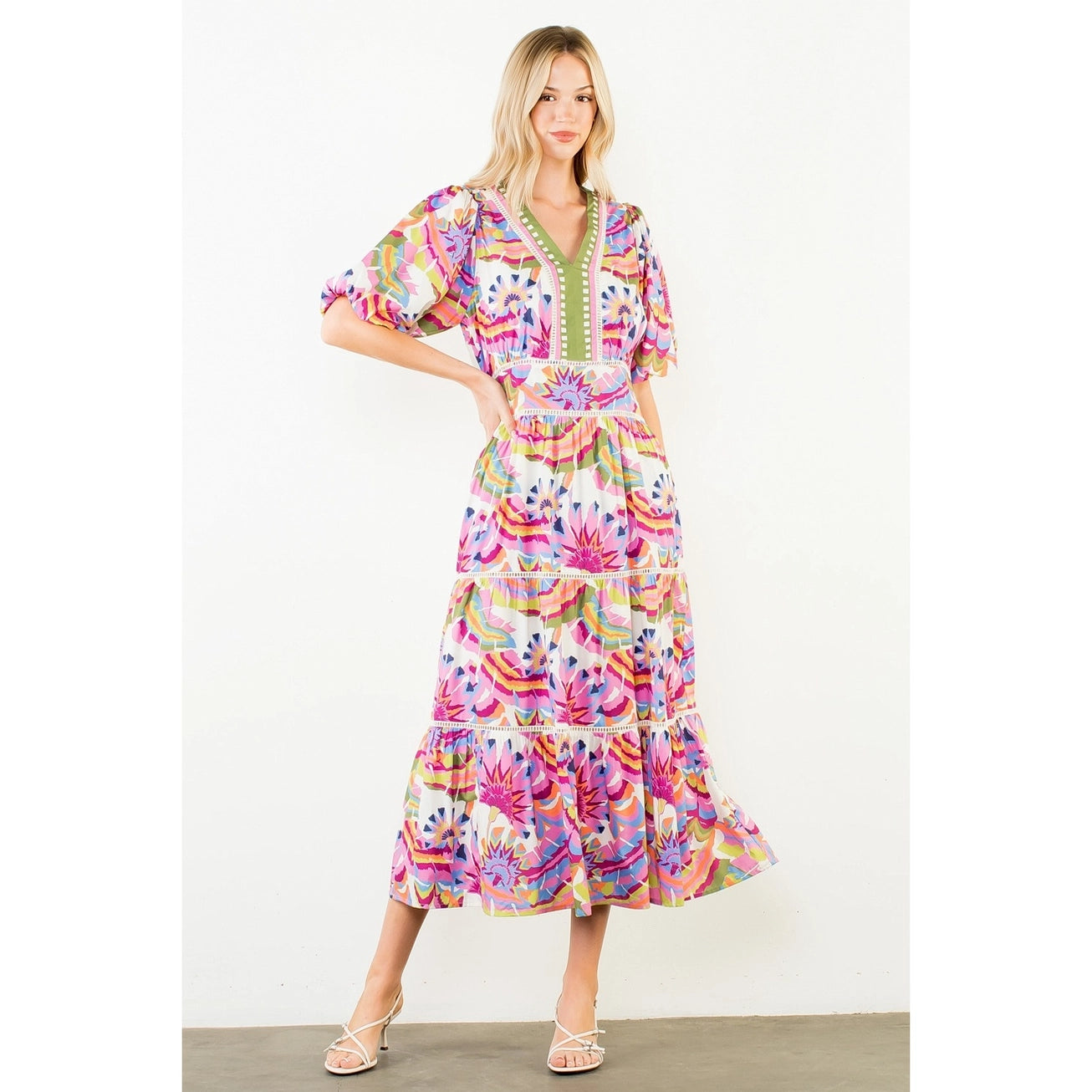 THML - Puff Sleeve Pattern Tiered Dress