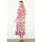 THML - Puff Sleeve Pattern Tiered Dress - Cream