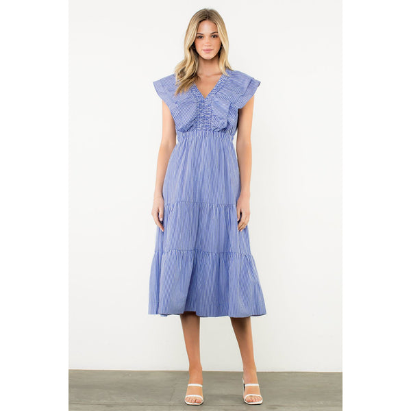 THML - Flutter Sleeve Striped Midi Dress - Blue