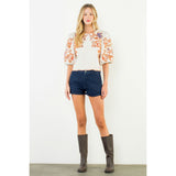 THML - Floral Embroidered Puff Sleeve Top - Cream